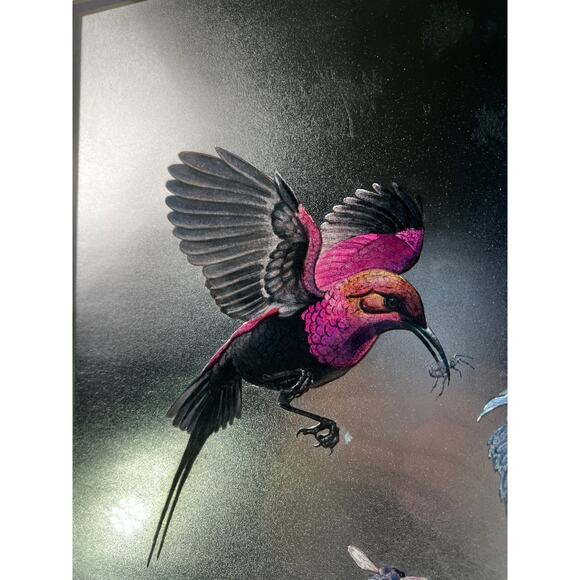 Large Foil Art Framed Vintage MCM Siver Nature Birds Butterfly Rena Hand Etched - Picture 7 of 16